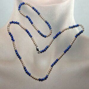 Lapis Lazuli Beads and Freshwater Cultured Pearl Necklace and Stretch Bracelet.